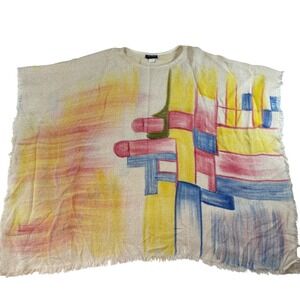 Dilemma New York Hand Painted Abstract Poncho Fringe Cream OS Boho Whimsical